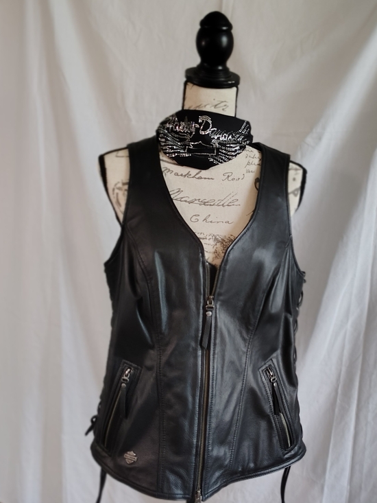 Harley-Davidson Jackets & Blazers - Black Ladies Harley Davidson Leather Zip-Front Biker Vest And Matching Headband